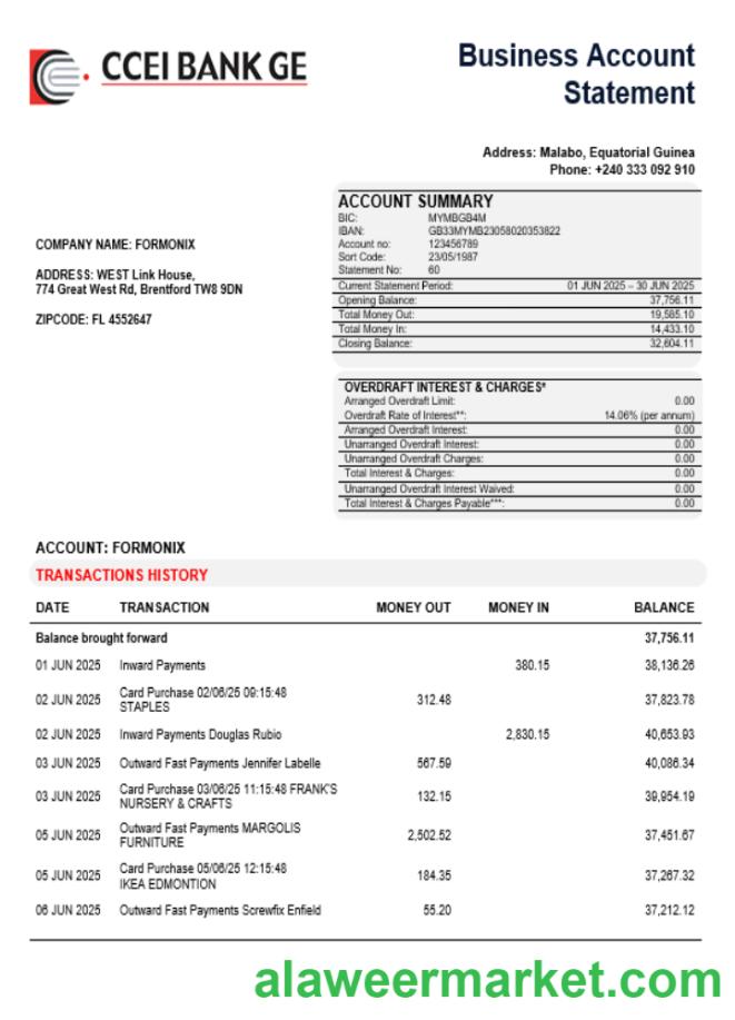 CCEI Bank business company account statement Word and PDF format
